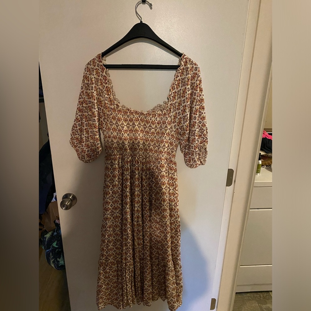 Torrid Brown and Cream Long Sleeve Dress off the shoulder.